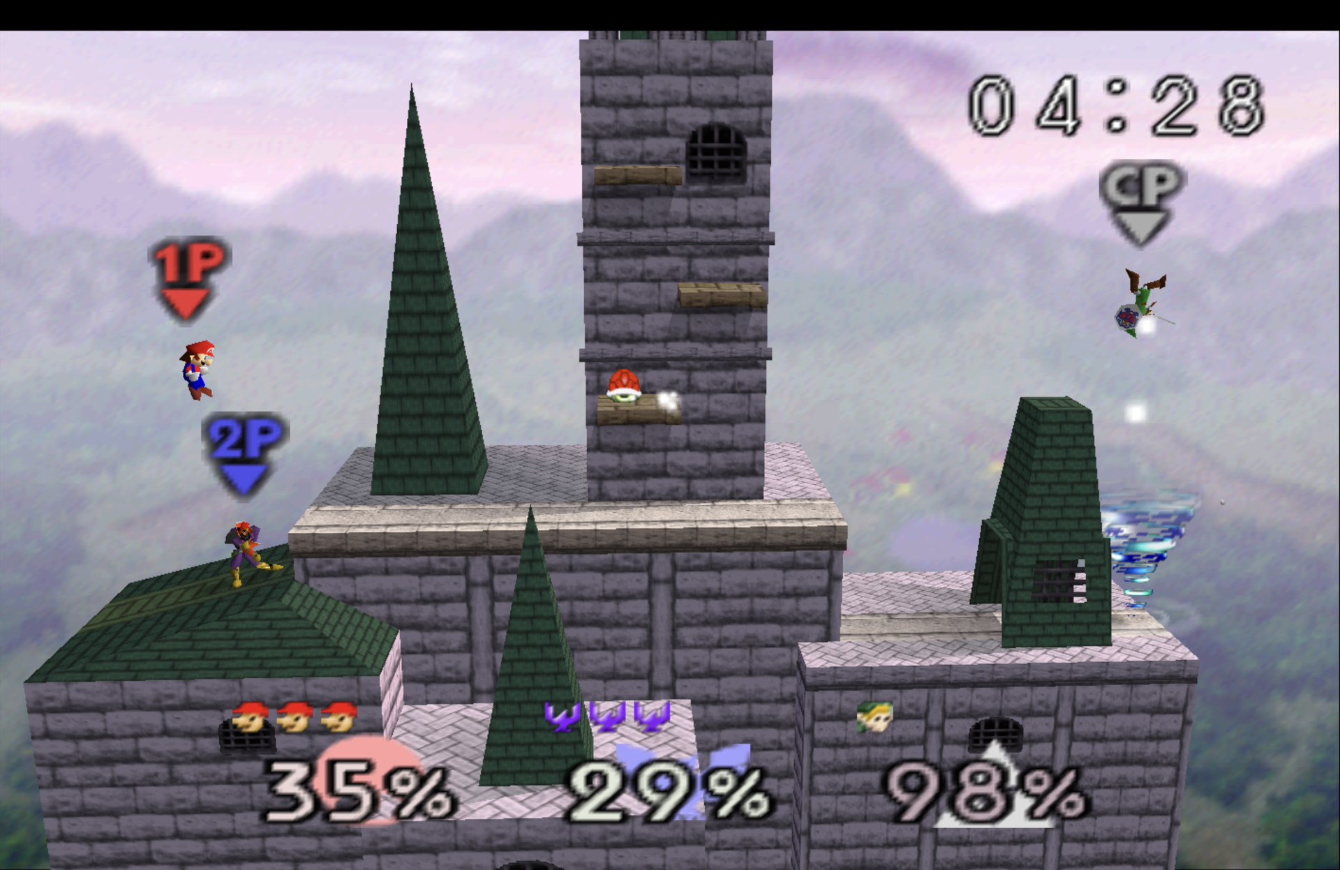 Super Smash Bros. running natively in widescreen with three players on Hyrule Castle