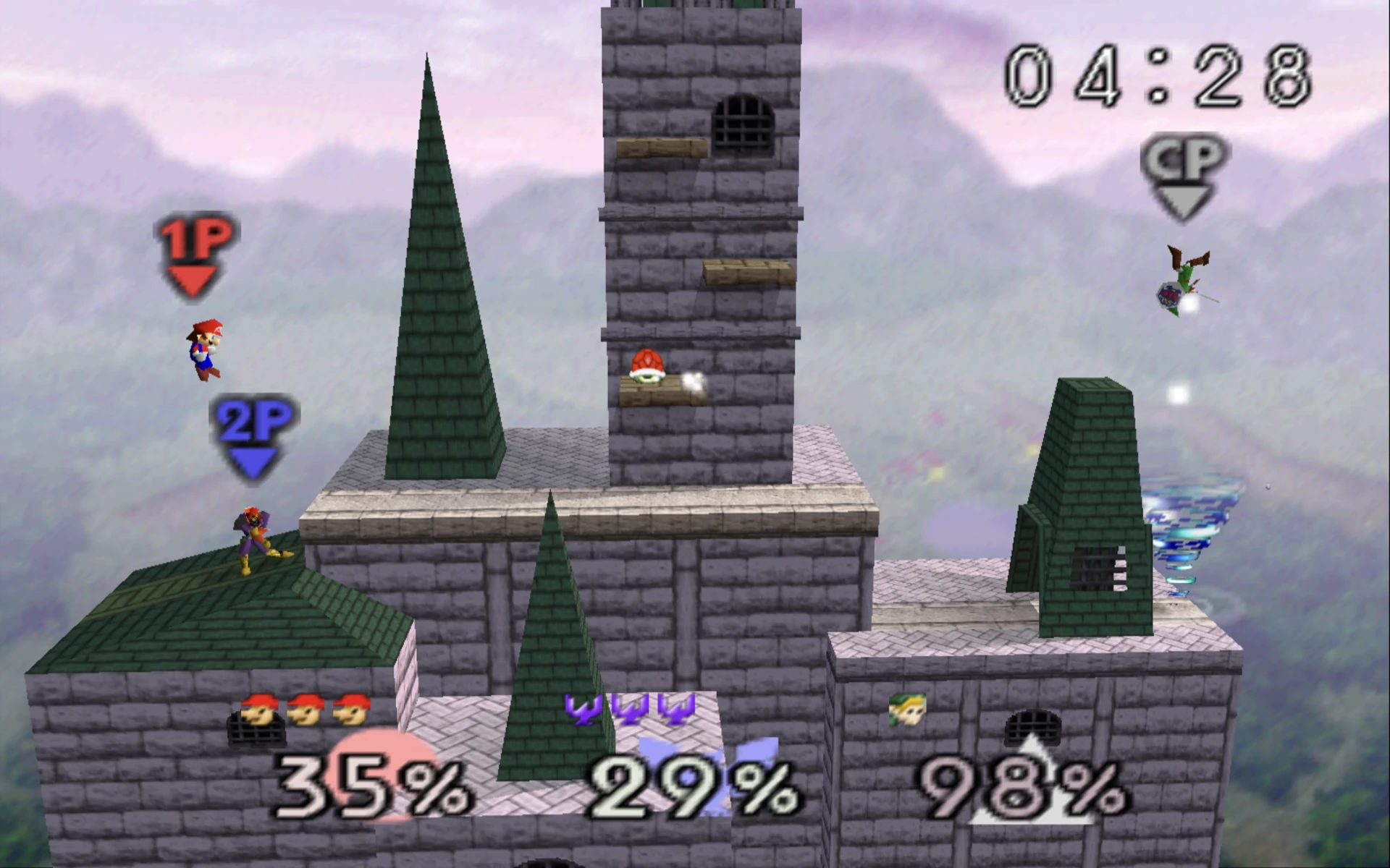 Super Smash Bros. running natively in widescreen with three players on Hyrule Castle