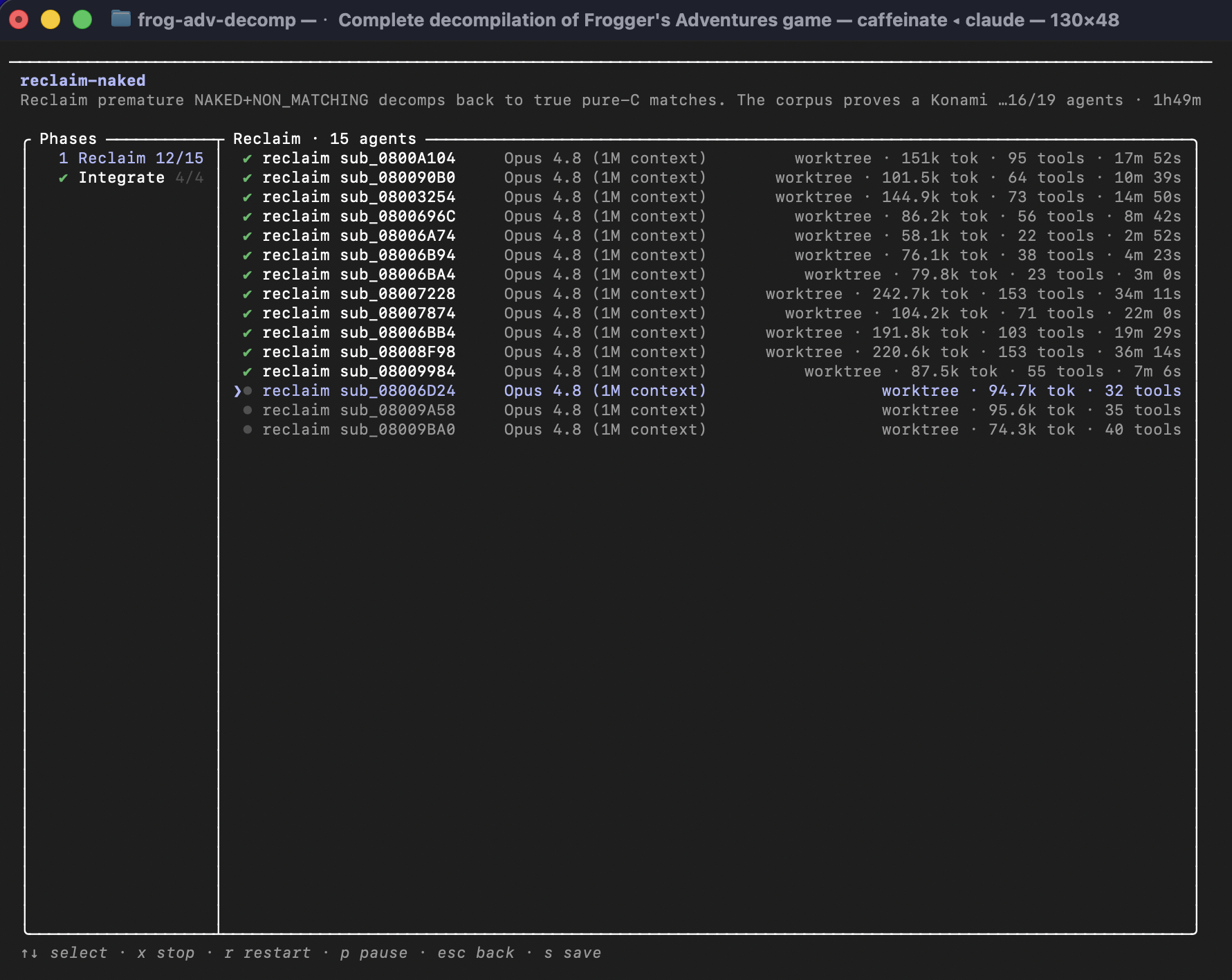 Terminal UI orchestrating fifteen decompilation agents in parallel worktrees