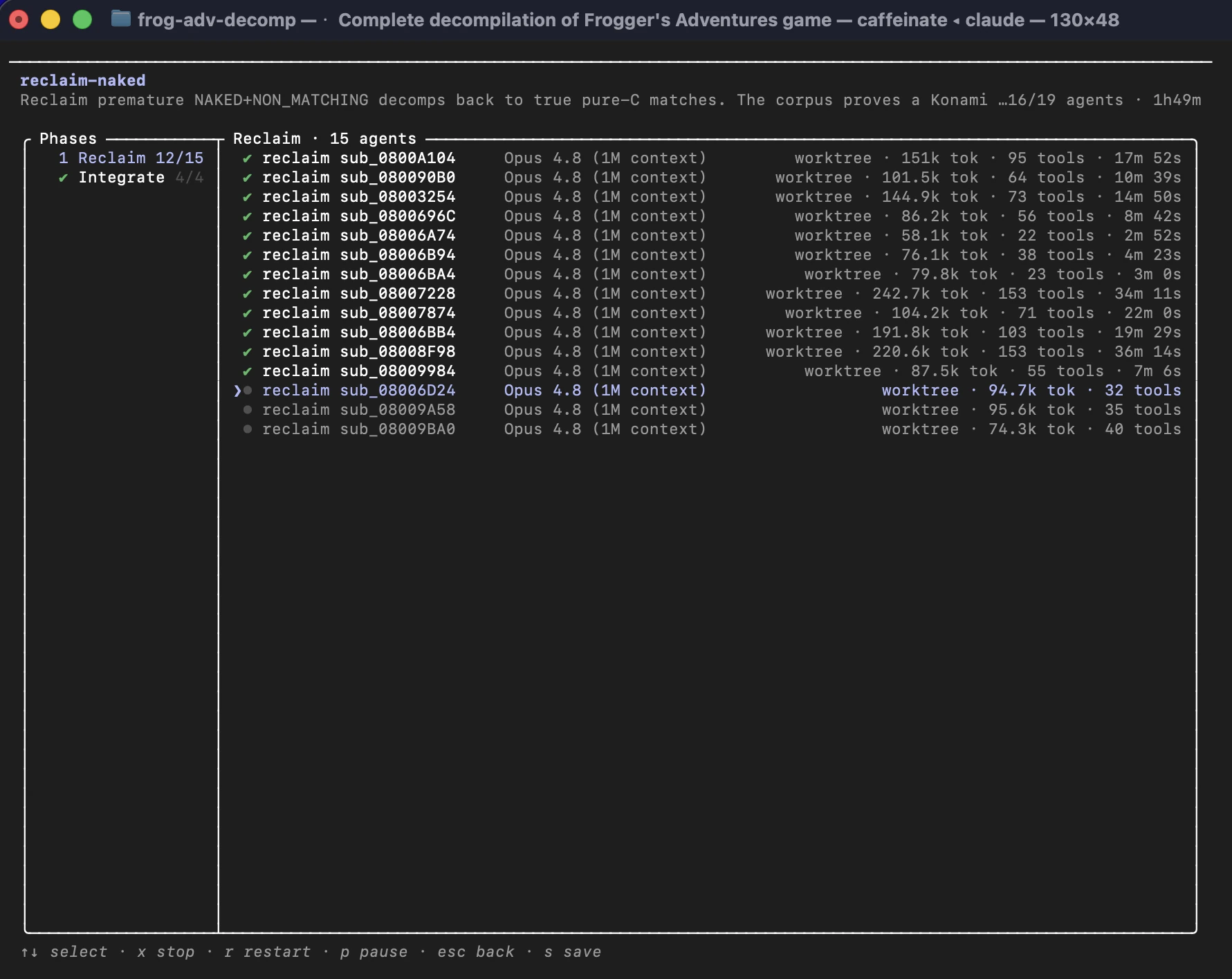 Terminal UI orchestrating fifteen decompilation agents in parallel worktrees