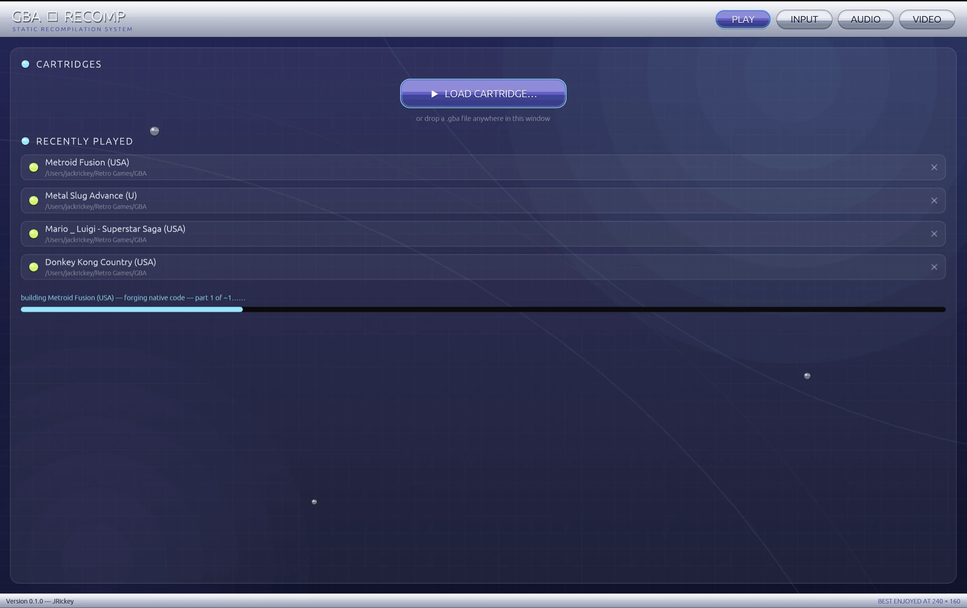 gba-recomp launcher building native code for a loaded cartridge