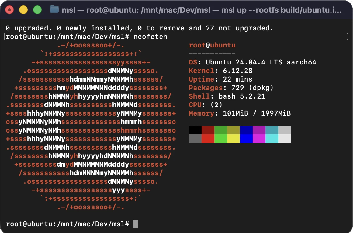 msl running Ubuntu inside a macOS Terminal window